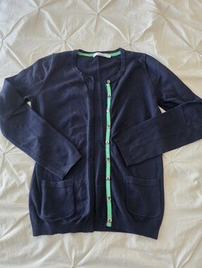 Boden Navy Cardigan Green Trim Button Front Sweater